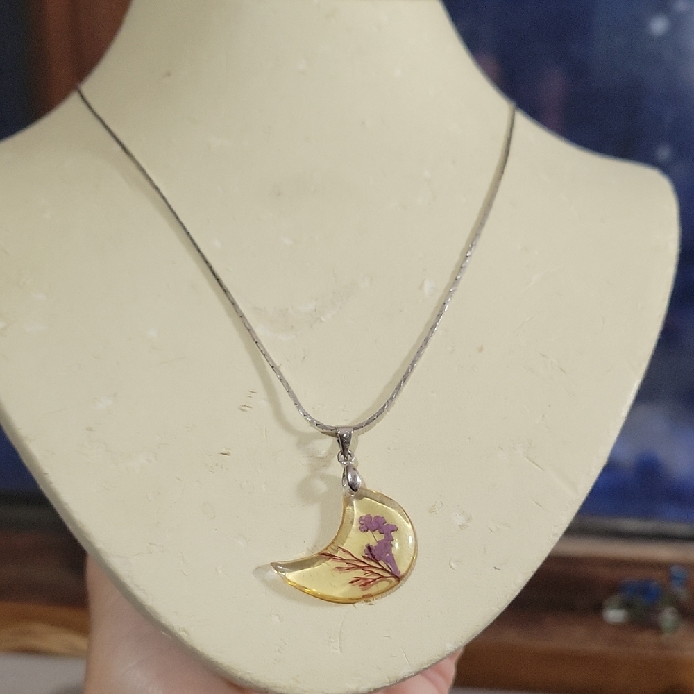 18 Karat White Gold Plated 16" Necklace with Purple Floral Crescent Pendant
